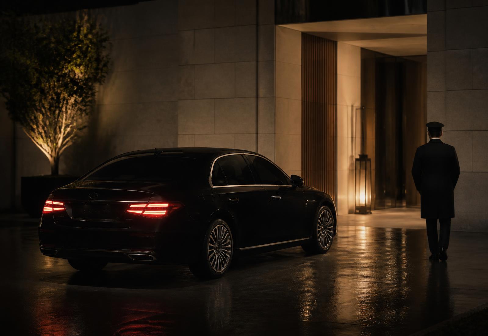 A dark premium sedan waiting at the lit entrance of a minimal stone building at night