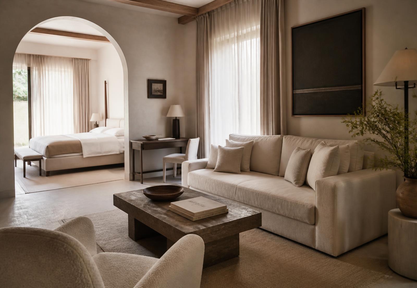 A serene hotel suite lounge in warm ivory and stone tones with soft daylight