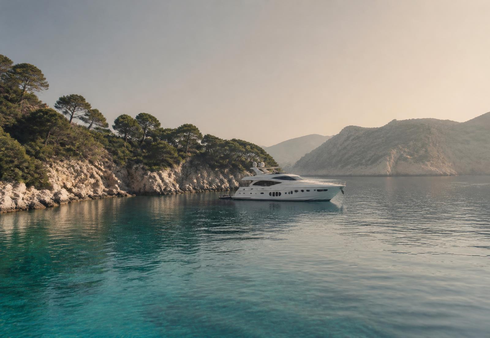 A white motor yacht at anchor in a quiet Mediterranean cove at first light