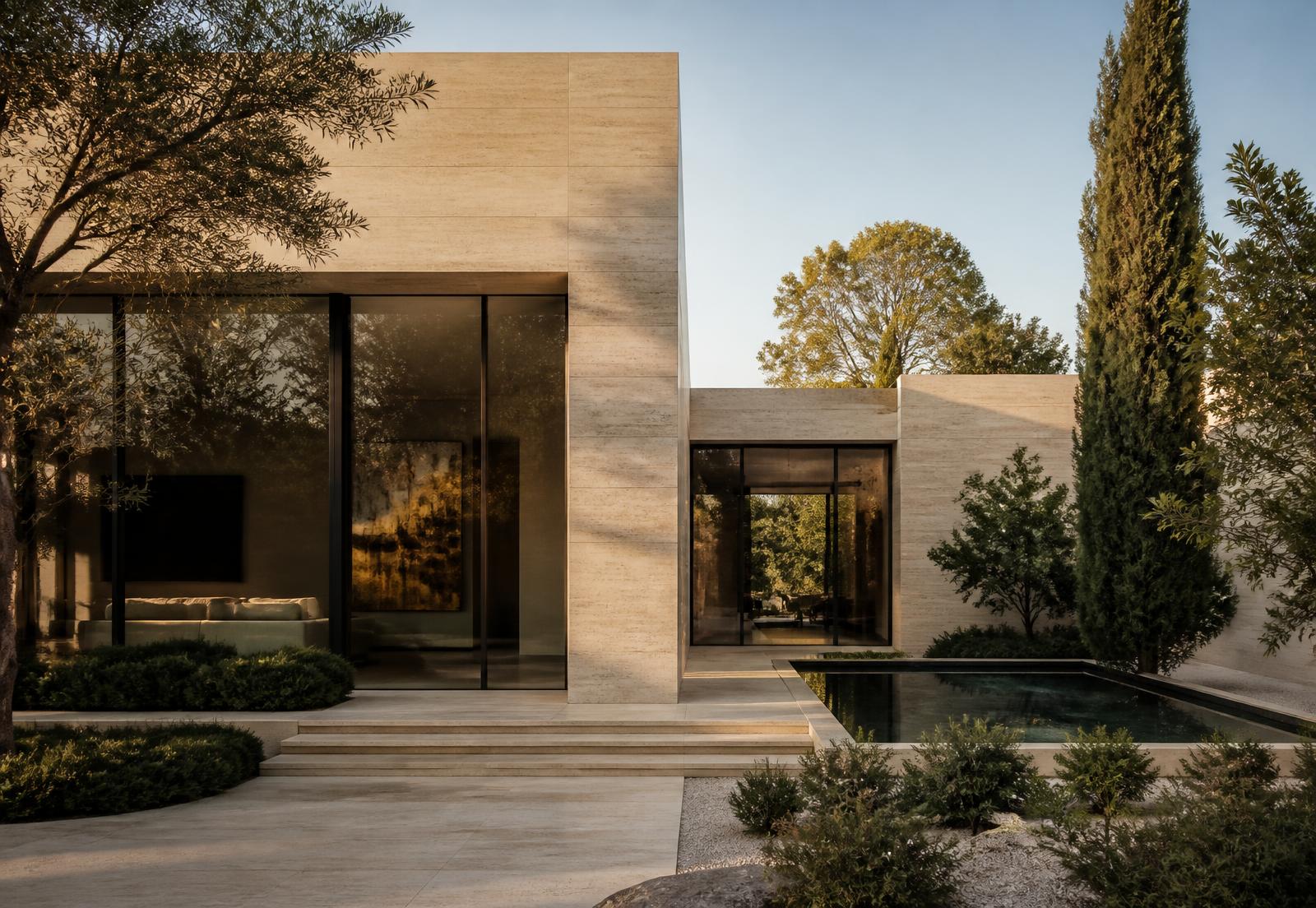 A contemporary travertine villa with a reflecting pool in late afternoon light