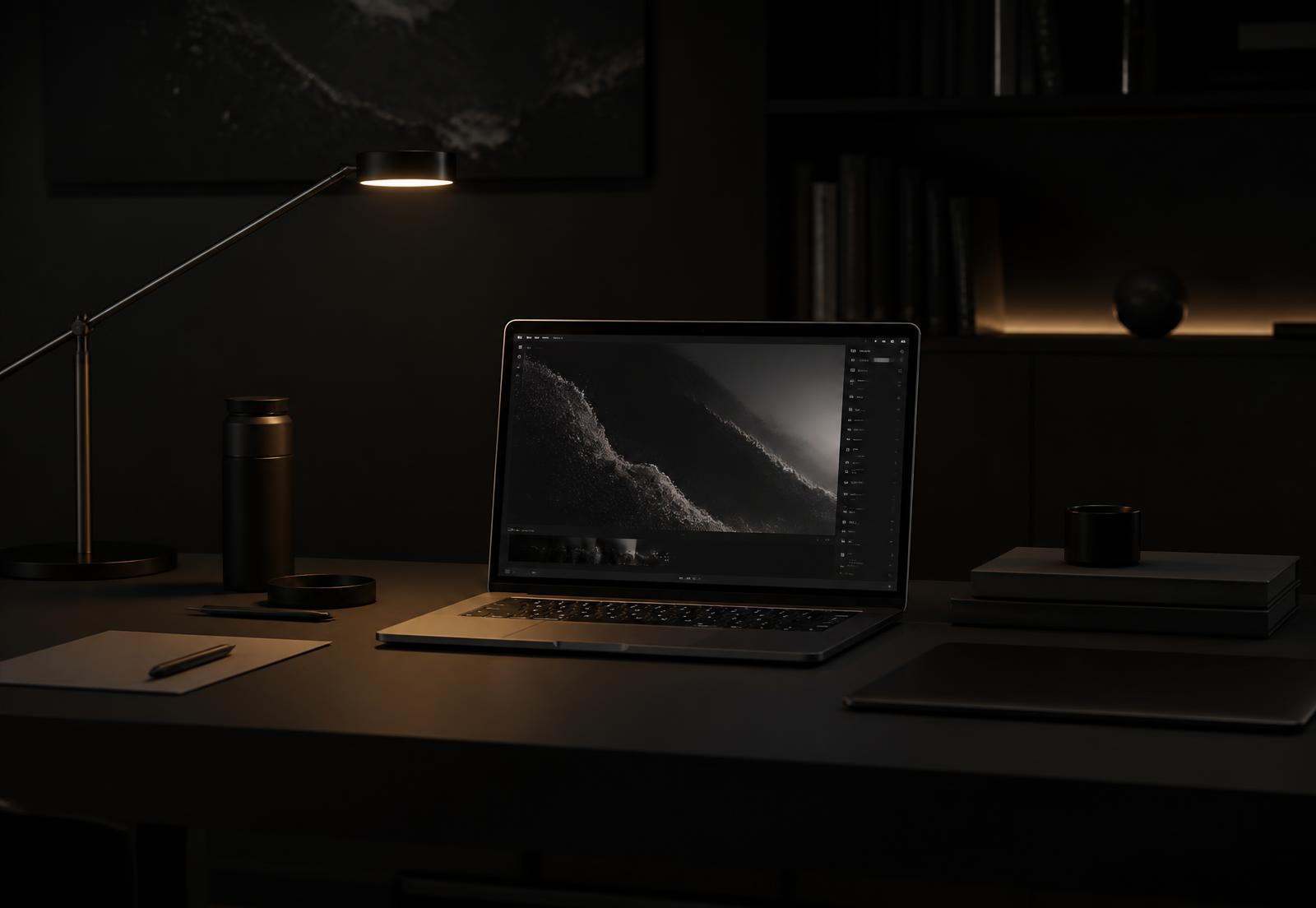 A single laptop showing a dark software interface in a quiet, low-lit study